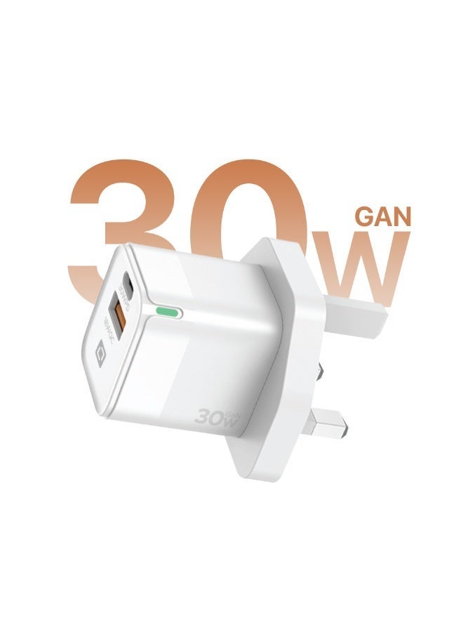 LYCKA Boost +30W GaN Fast Wall Charger with USB-C to Lightning Cable – PD 3.0 & QC 3.0 Dual Port Power Adapter, Compact Travel Design, White - Image 1